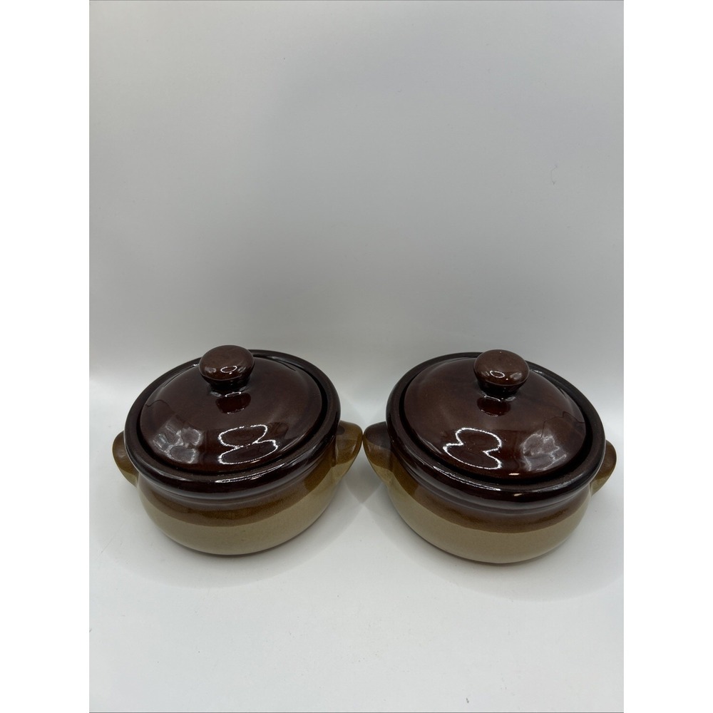 VNTG French Onion Soup Crocks Oven Proof Lids & DoubleHandles Stoneware Set Of 2